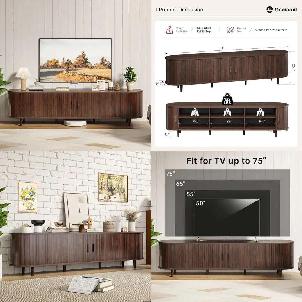 Mid Century Modern 70 Inch TV Stand with Sliding Doors, Wooden Entertainment Center featuring Storage and Adjustable Shelves