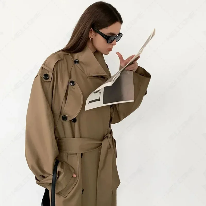 Spring Autumn Oversized Khaki Long Grey Trench Coat for Women Double Breasted Loose Casual Korean Fashion Overcoat