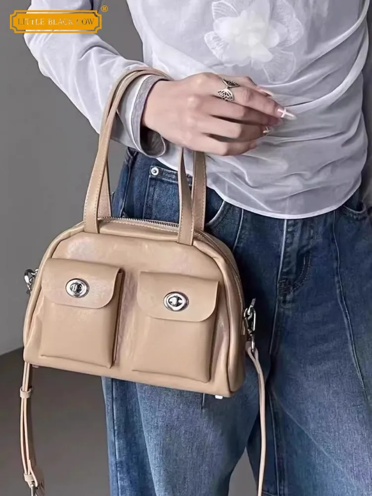 

Genuine Leather Women Single Shoulder Bag Pockets Fashion Casual Crossbody Bags Zipper Solid Color Cowskin High Street Handbag