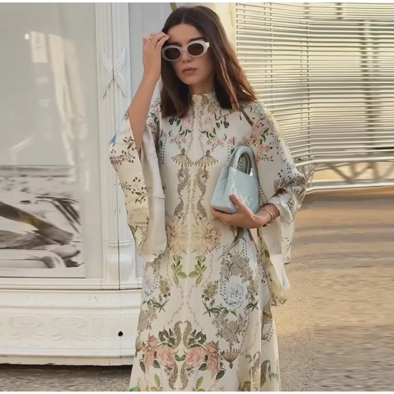 Printed Women's Maxi Dresses O-neck Big Swing Oversized Dress Irregular Hem Dresses Bohemian Female Robes Loose Partywear New