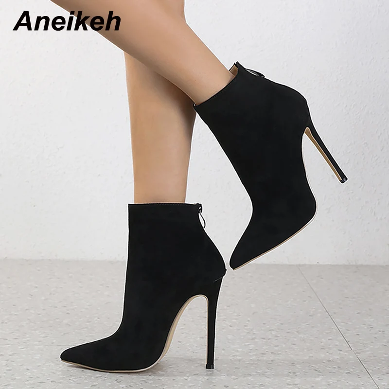 Aneikeh 2024 Winter Women Ankle Boots Sexy Pointed Toe Thin High Heel Concise MATURE Zippers Party Dress Shoes Black Size 35-42