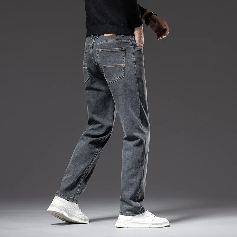 Plus Size 42 44 Men\'s Jeans Gray Blue Straight Stretch Classic Denim Pants Soft Cozy Casual Denim Trousers Male Brand Clothing