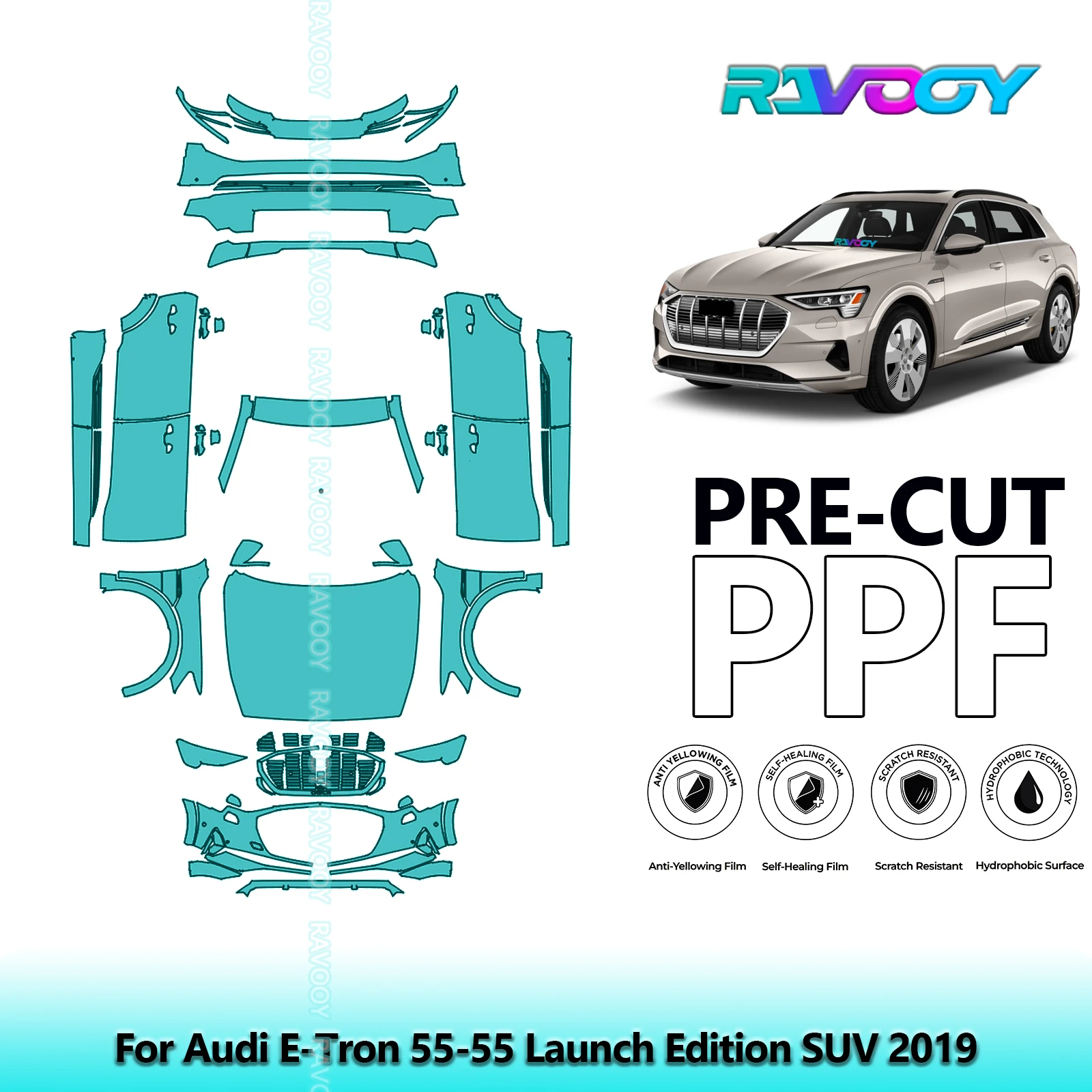 RAVOOY Custom-Fit Precut TPU PPF Full Vehicle Clear Bra Stone Guard EU UK For Audi E-Tron 55-55 Launch Edition SUV 2019