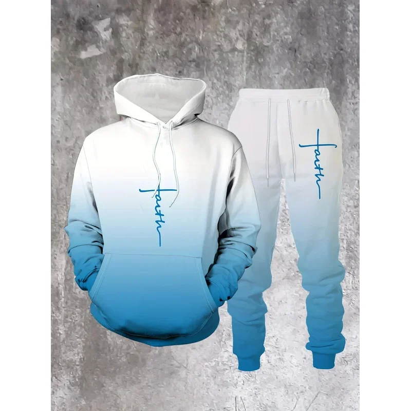 

new men's 3D gradient hooded sweatshirt set, letter print, fashionable casual style, daily wear, soft texture, comfortable touch