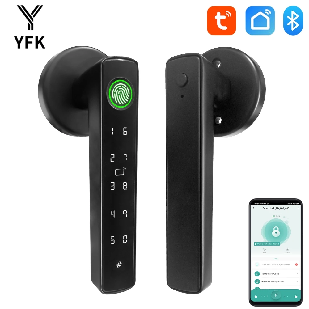 Smart Door Handle Lock 5 Ways to Unlock Fingerprint Password IC Card Key APP Bluetooth Tuya Smart Life Remote Unlock Temp Password Anti-Peep Dual Verify 100K Records Auto Lock Type-C Power Bank for Home Apartment Office Bedroom Black Silver