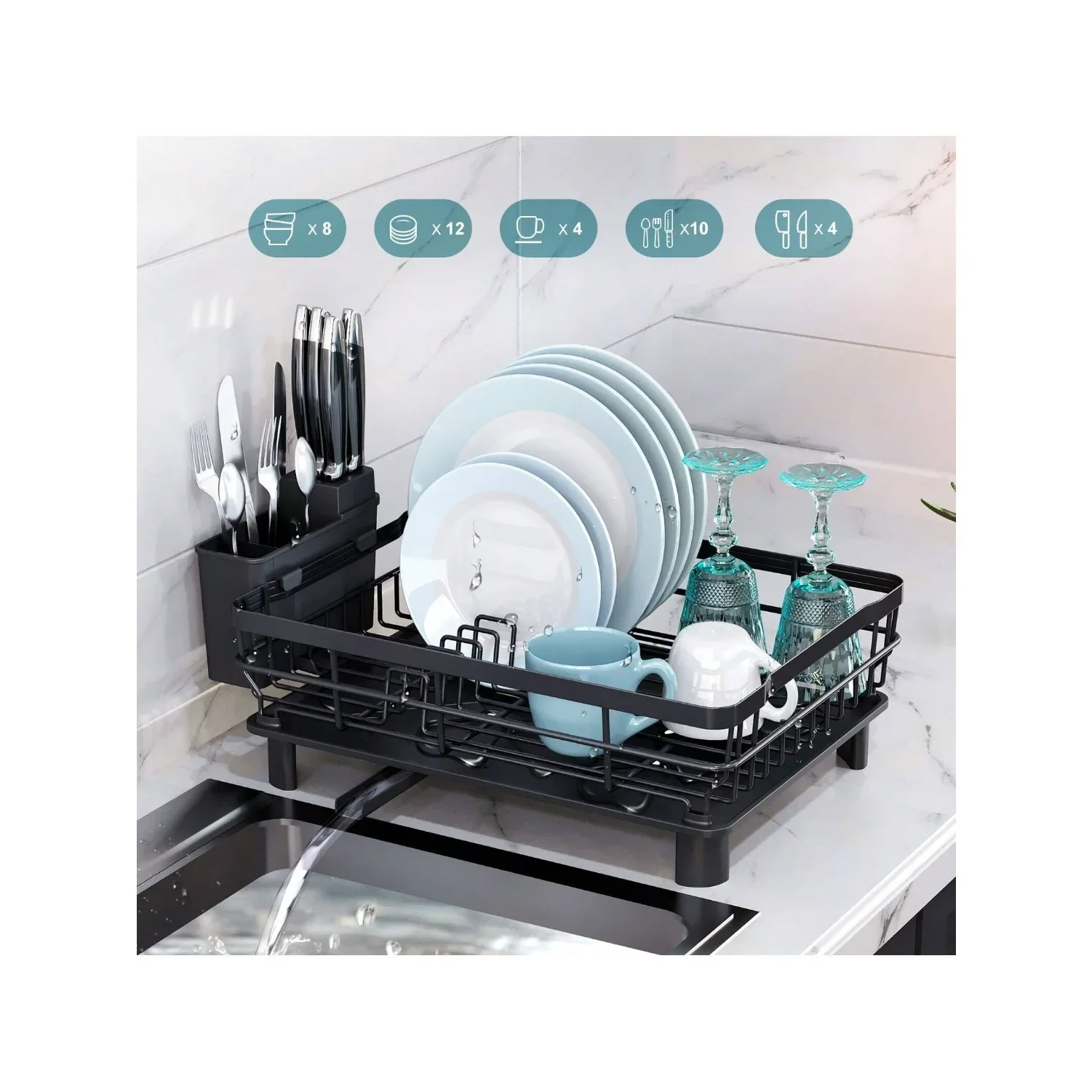 

Dish Rack Drainer Kitchen Accessories Cutlery Rack with Drain Tray and Drip Line Countertop Storage Sink Storage Rack