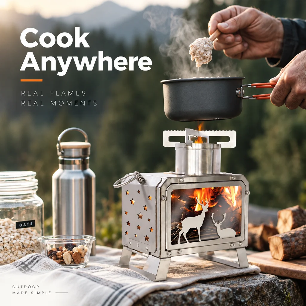 Portable Tabletop Wood Stove Stainless Steel Camping Mini Stove with Glass Window Carry Bag Outdoor Heating Cooking Tent Stove