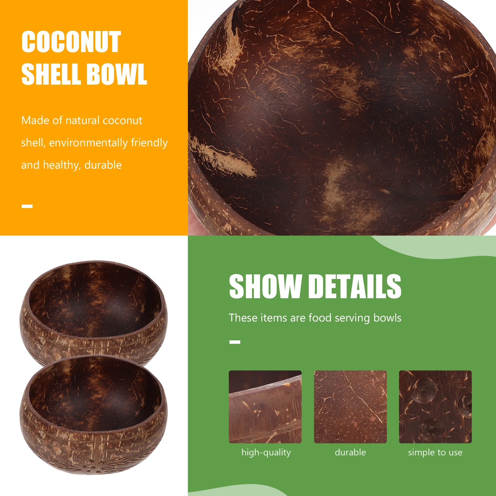 

2Pcs Coconut Shell Serving Bowls Large Capacity Smooth Edge Fruit Salad Vegetable Bowls Kitchen Essentials