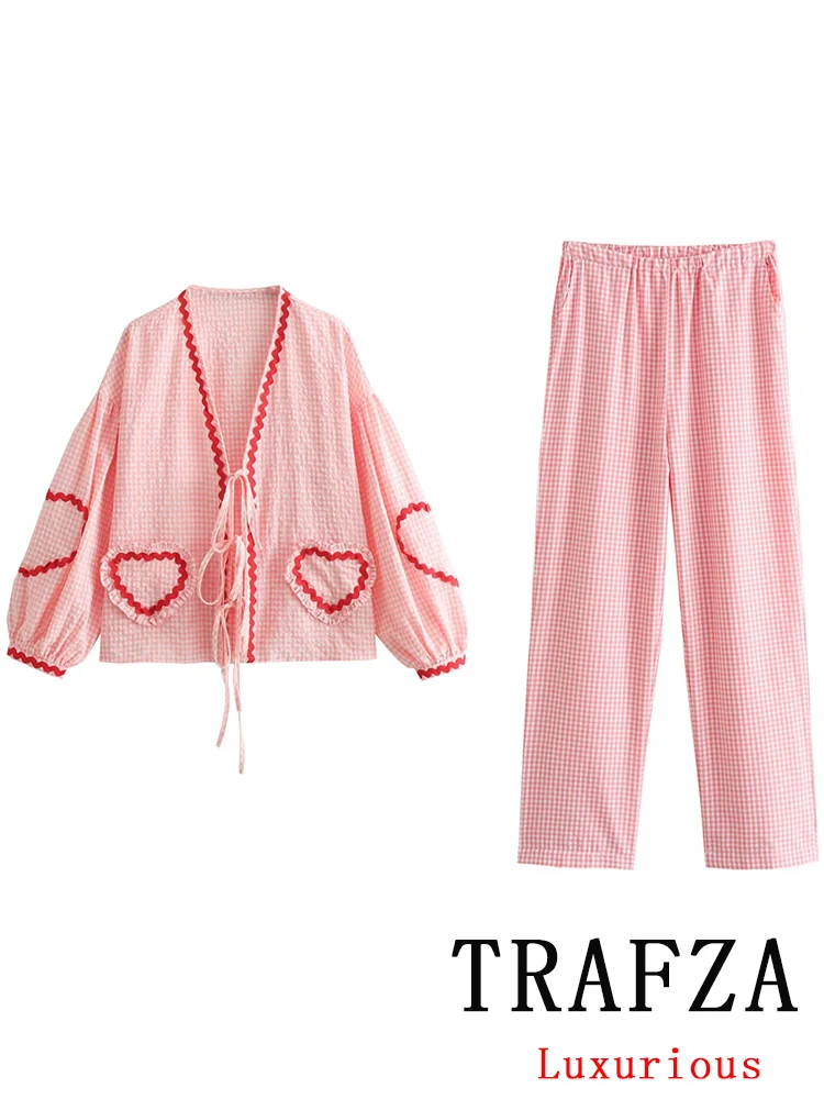 TRAFZA Vintage Casual Chic Women Suit Plaid Print Lace-up Long Sleeve Pockets Shirts Loose Long Pants Fashion 2024 Summer Sets