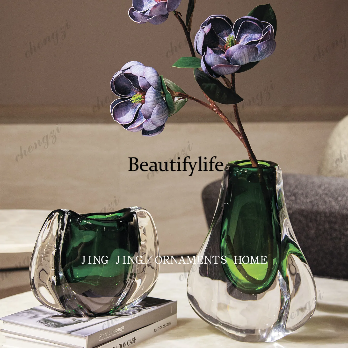 Light luxury blue green glazed combination vase TV cabinet decoration advanced flower arrangement device