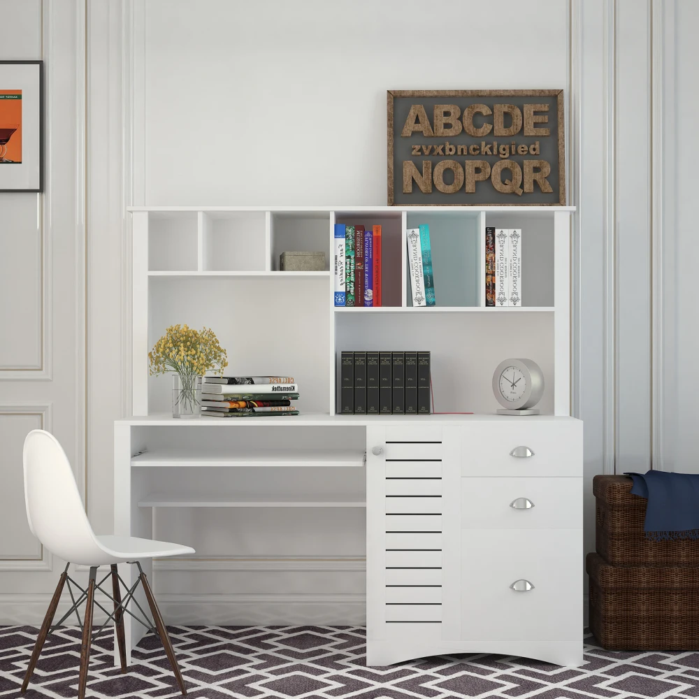 

Home Office Computer Desk with Hutch, Antiqued White finish