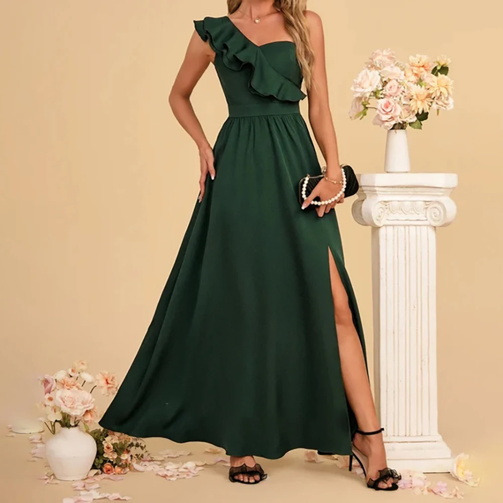 

Elegant Sexy Evening Dress 2025 One Shoulder Prom Party Dress Ruffle SIde Slit Open Back Formal Gown Cocktail Wedding Guest