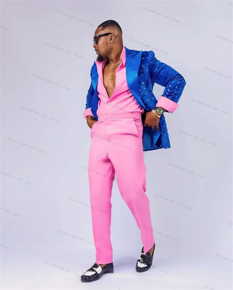 

Blue Pink Men Suits Pants Set 2 Pcs Crystals Blazer+Trousers Luxury Wedding Tuxedos Prom Jacket Formal Office Business Coat