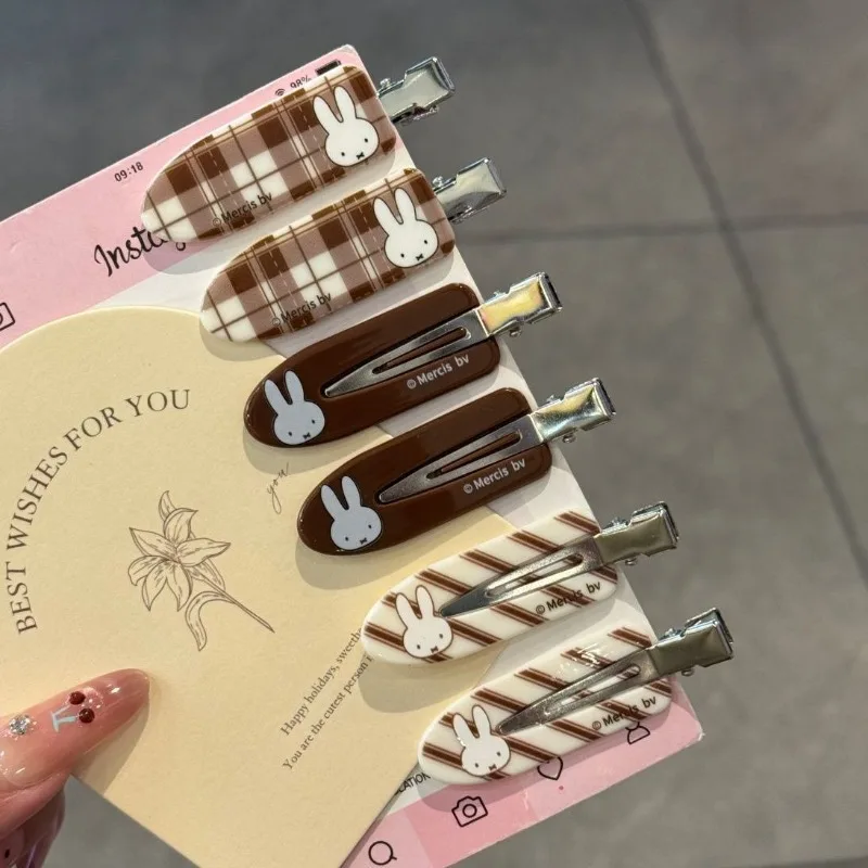 Miffy cartoon hairpin high color value cute girl heart creative sweet fresh simple curry color check broken hair bangs clip 3pcs