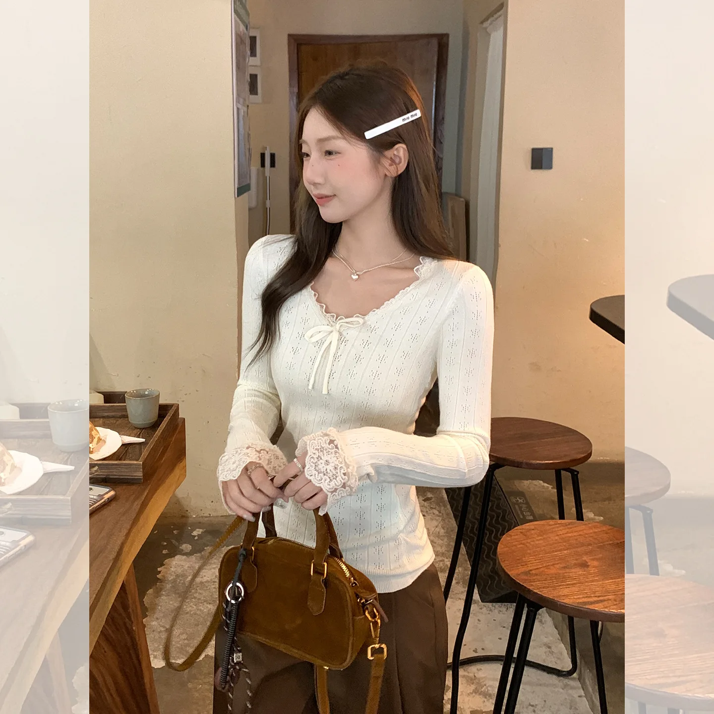 

Solid Color Lace Trim Long Sleeve Knitted Base Shirt Inner Wear Great Look Early Autumn Outfit Slim Fit Top