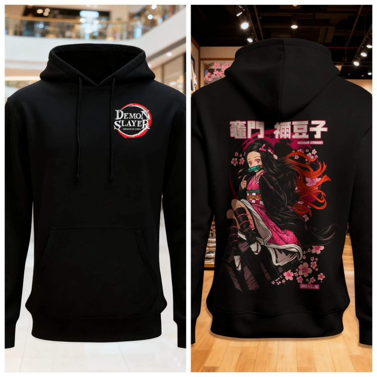 شيطان القاتل أنيمي القطن هوديي اللون الوردي طباعة شخصية مع الشعر الطويل أسود أحمر الزي التقليدي تصميم الظهر عارضة