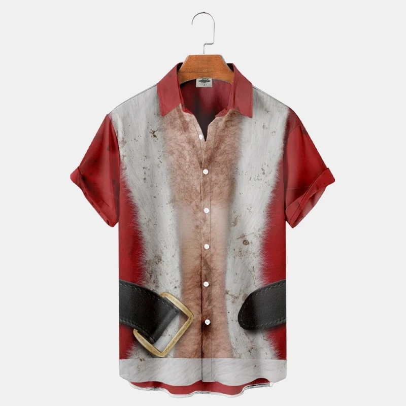 Kerst Heren Oversized Santa Claus Grafische Korte Mouw Bedrukte Tshirt Los Revers Button-Down Shirt Outdoor Streetwear