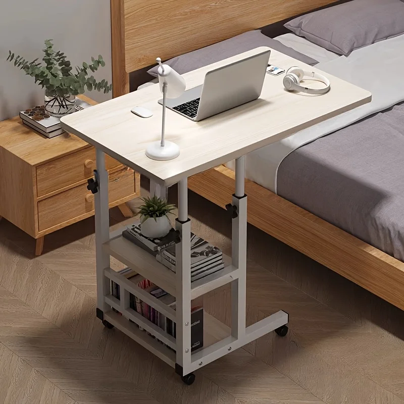 

[Mobile Laptop Table] Height-Adjustable Mobile Laptop Table - 4-Wheel Rolling Study/Workstation Desk with Dual Shelves