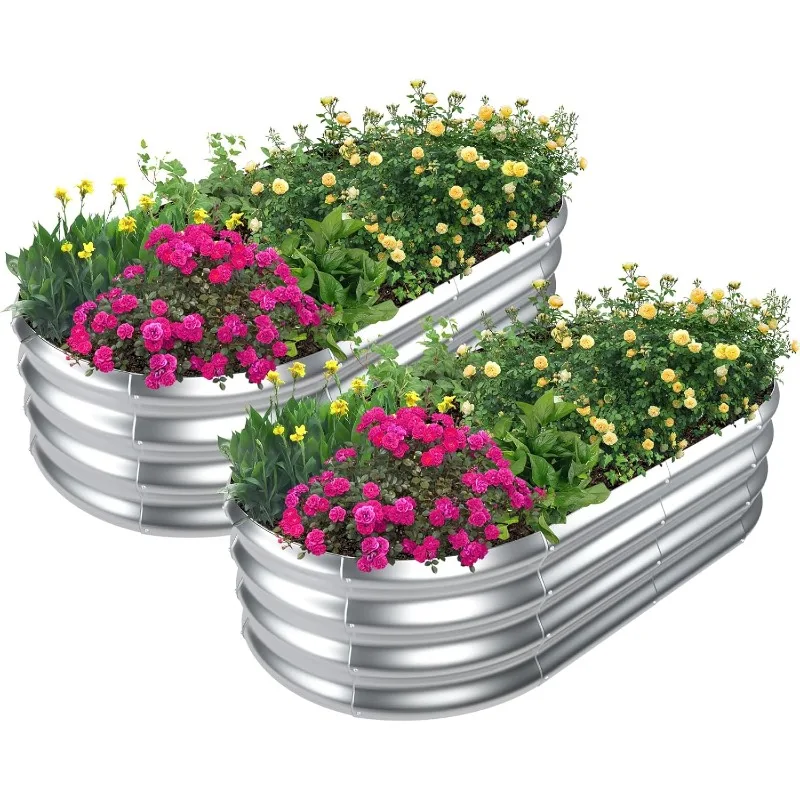 Galvanized Raised Garden Bed Outdoor, 2 Pcs 4x2x1ft Oval Metal Planter Box for Planting Plants Vegetables, Silver