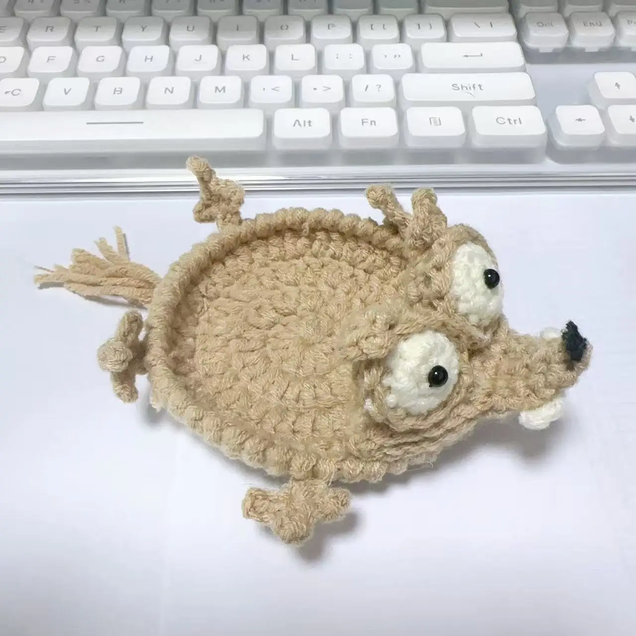 Squirrel Crochet Coaster, Beige Cute Animal Shaped Cup Mat with 3D Details, Decorative Table Accessory for Home and Office