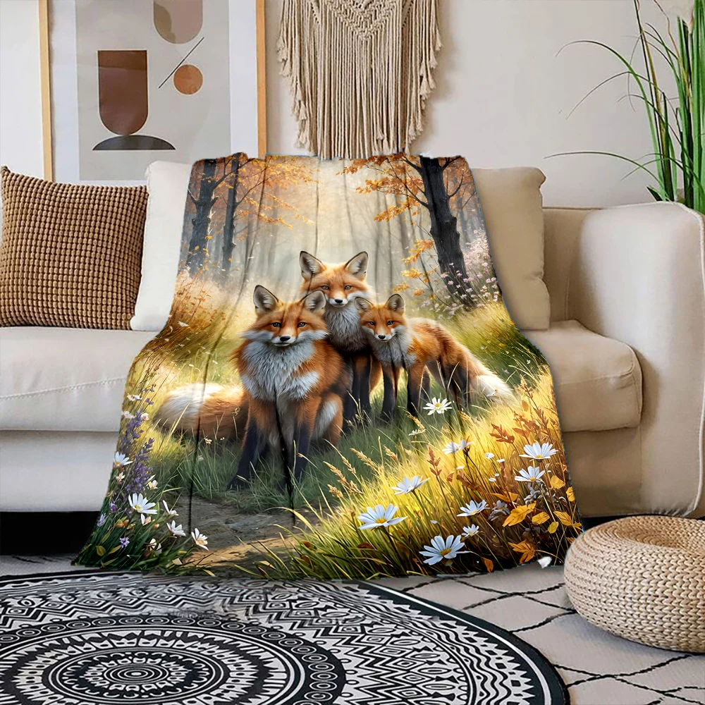Multiple sizes Three foxes in forest  Print Blanket Warm Soft Suitable for All Seasons for Home Sofa Travel Camping Picnics RV