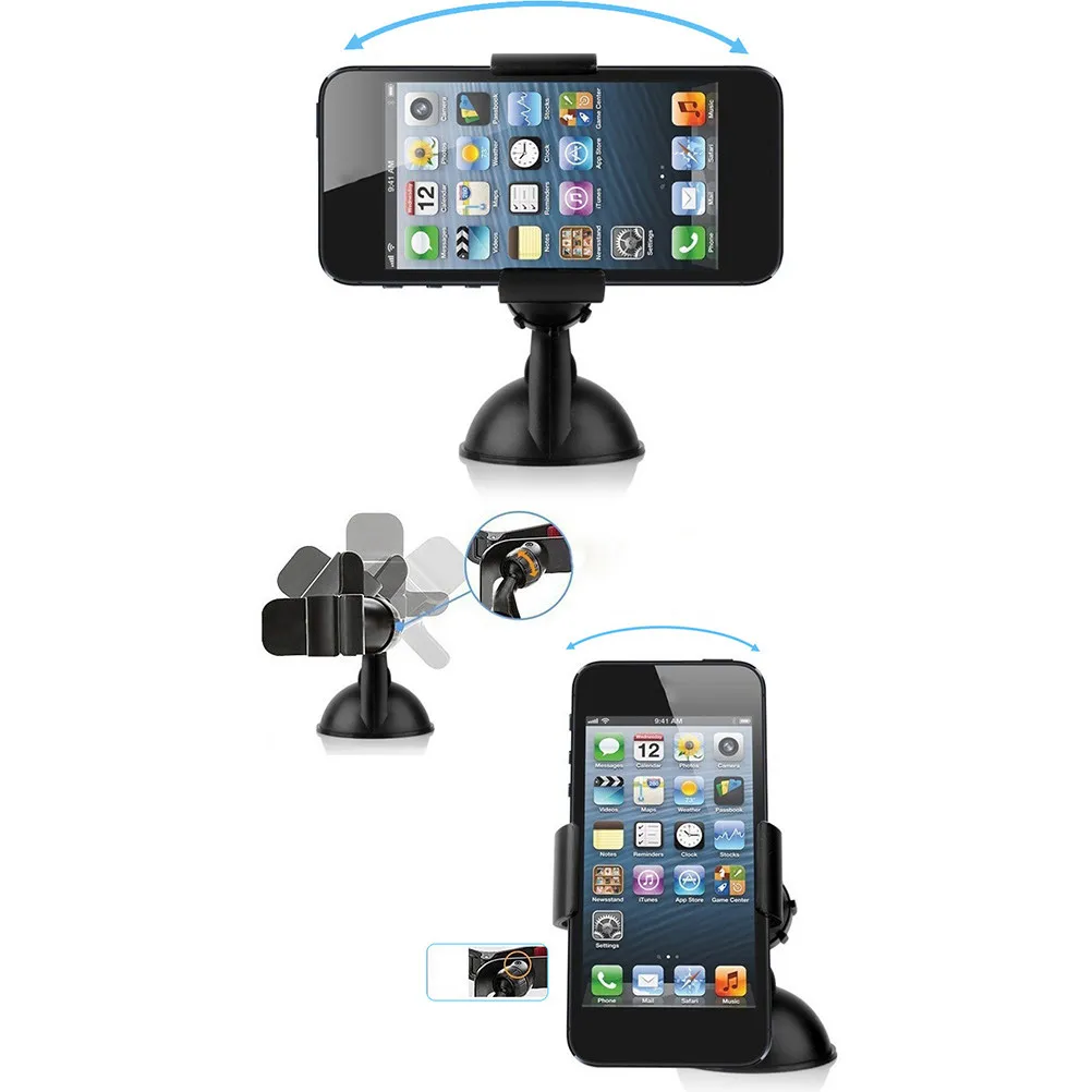 360 Degree Rotatable Car Phone Holder Black Strong Suction Cup Universal Clip Extendable 145 Degree for Windshield Car Phone