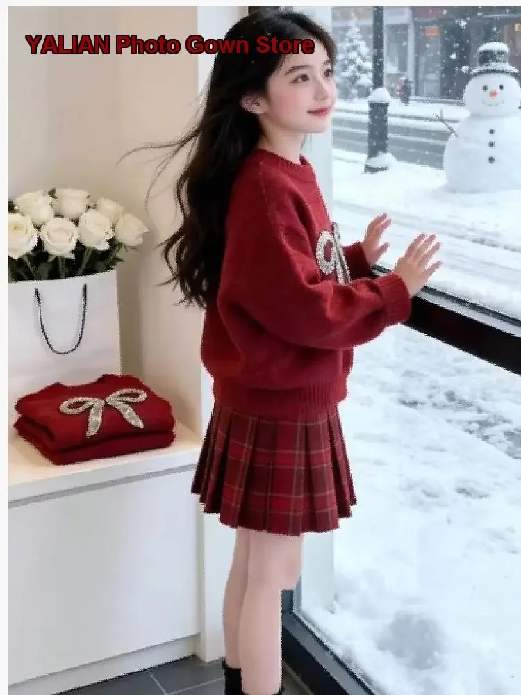 Girls Two-Piece Set Kids Autumn Winter Stylish New Year Dress Solid Color