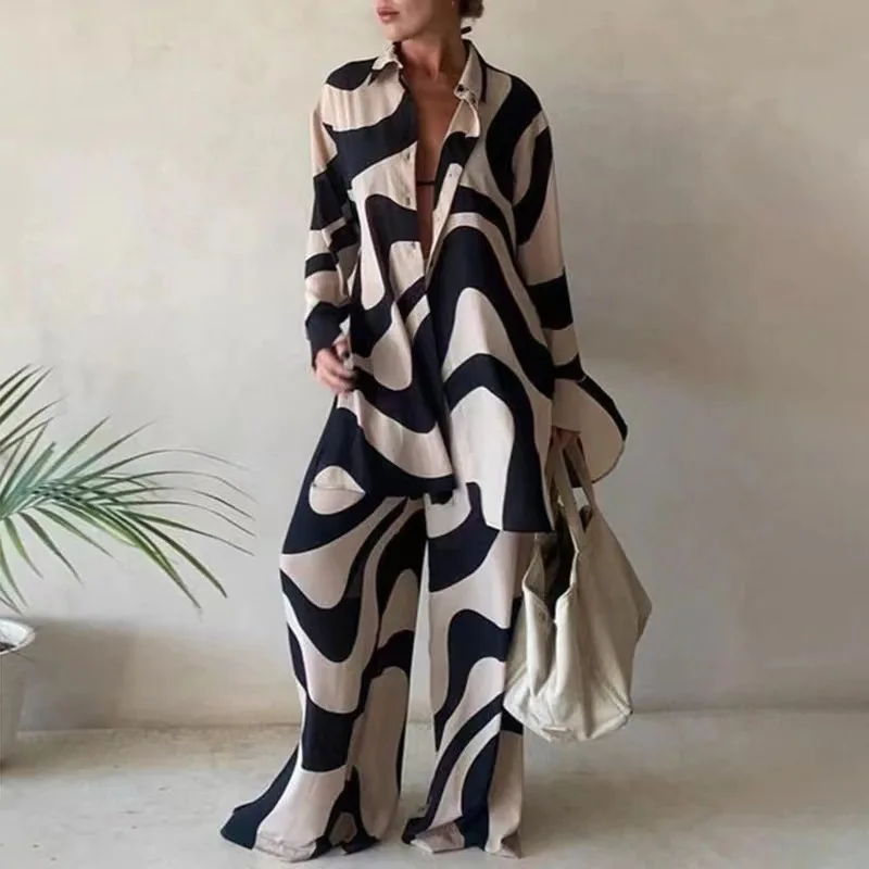

Women's Fashion Print Loose Long Sleeve Shirt And Straight Trousers Suit European And American Style