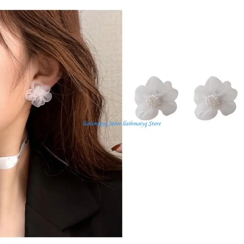 

573B Flower Shaped Exaggerate Earrings Eye Catching Fabric Ear Rings Rose Flower Dangle Earrings Elegant Parties Jewelry