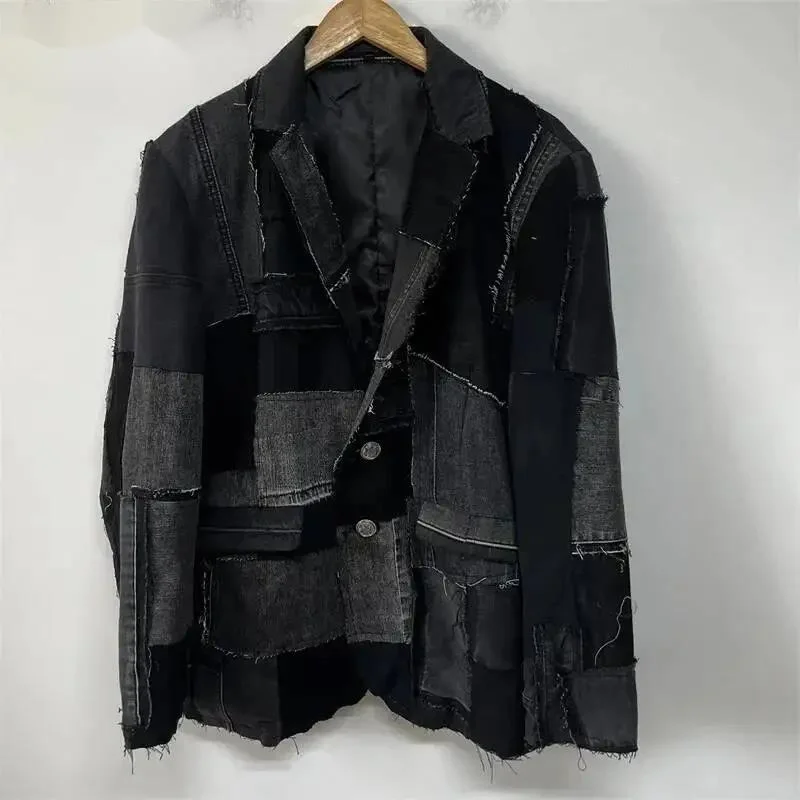Lapel Denim Multi Fabric Raw Edge Patchwork Blazer Mens Padded Shoulder Niche Grunge Street Casual Outer Coats NH78