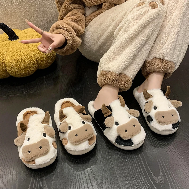 Nuovo inverno unisex cartone animato mucca calde pantofole di peluche coppia indoor antiscivolo casa diapositive uomini e donne toe wrap casa scarpe