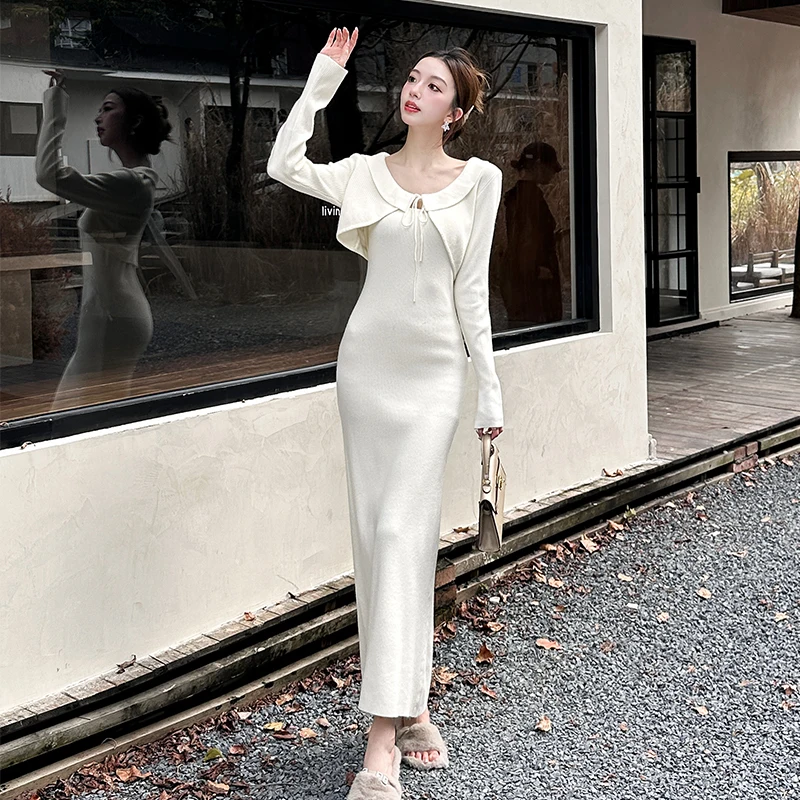 

New Autumn and Winter Gentle Style Fashionable Elegant Slim Suspender Dress +knitted Cardigan Suit 2 Piece Sets Women's Outfits