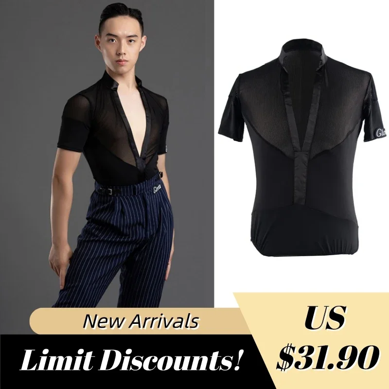 

Mesh Latin Shirt Men Performance Costume Black Modern Dancewear Tango Dance Outfit Ballroom Practice Wear Salsa Tops DL9222