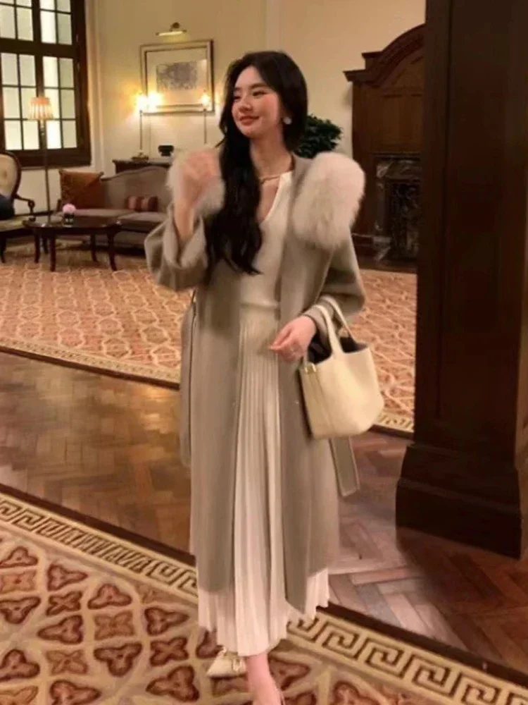 2025 Vrouwen Lange Dubbelzijdige Wollen Jas Met Capuchon Echt Vossenbont Kasjmier Wollen Jas Vrouwelijke Mode Elegante Warme Winter kleding