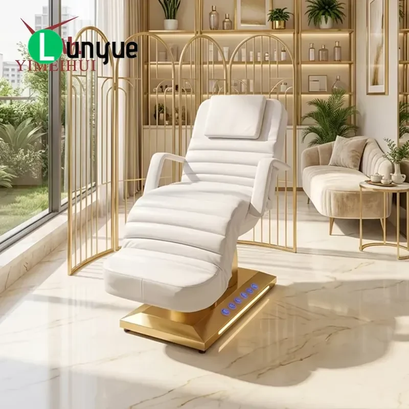 Luxury Electric Massage Bed 3 Motor Gold Stainless Steel Base Extended Face Spa Table with Foot Pedals for Beauty