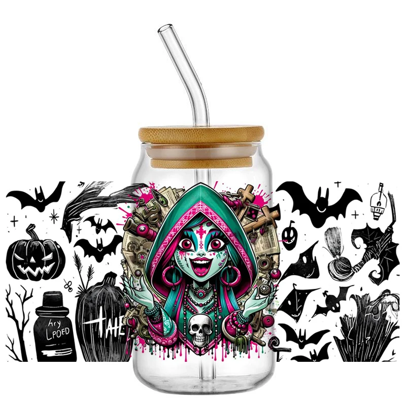 16OZ Bride and wife and Halloween Thematic Series Transfer Decals Uv Dtf Cup Wrap Sticker  Waterproof for Libbey Glass Can Cu