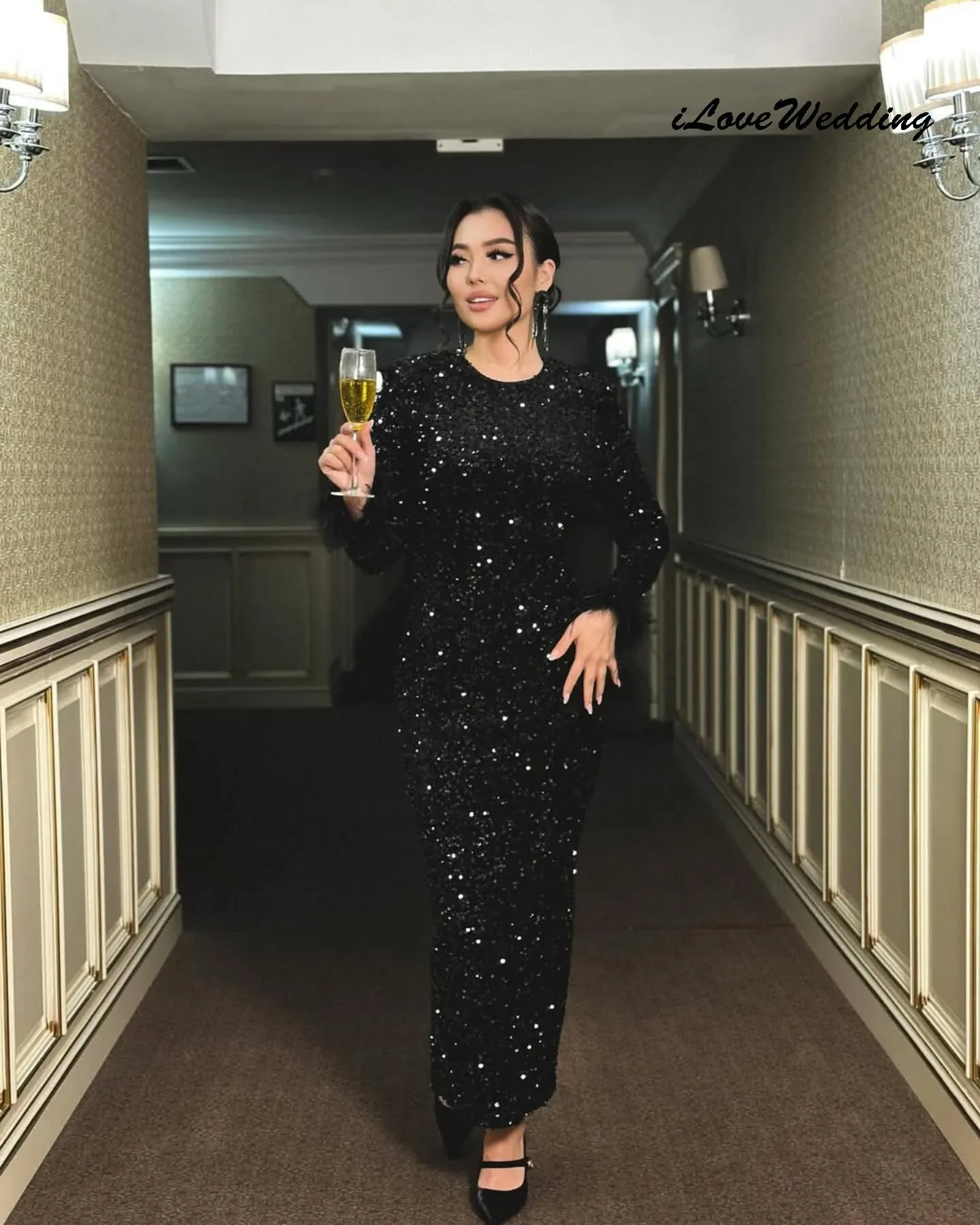 

Black Sequin O-Neck Prom Dress 2025 Feather Long Sleeve Elegant Wedding Women Guest Dress Ankle Length Evening Dress Customized