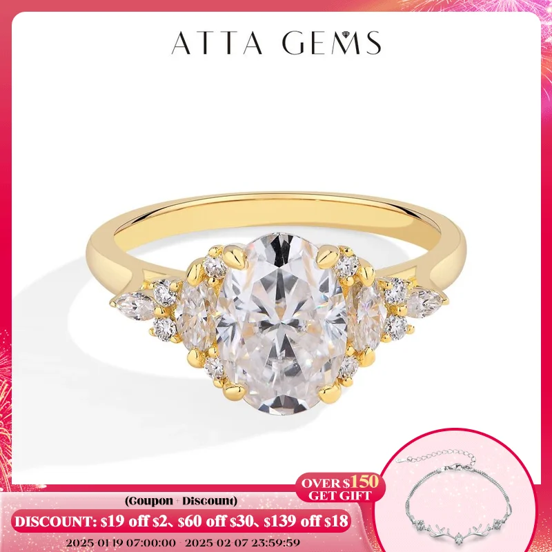 ATTAGEMS Luxury D VVS1 Color 2.5CT Oval Cut Moissanite Diamond Ring for Women Solid 10K 14K 18K Yellow Gold Wedding Fine Jewelry