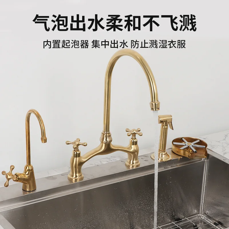 French Retro Full Copper Bridge-Type Double-Hole Double-Handle Kitchen Sink Cold and Hot Rotatable Gold Faucet