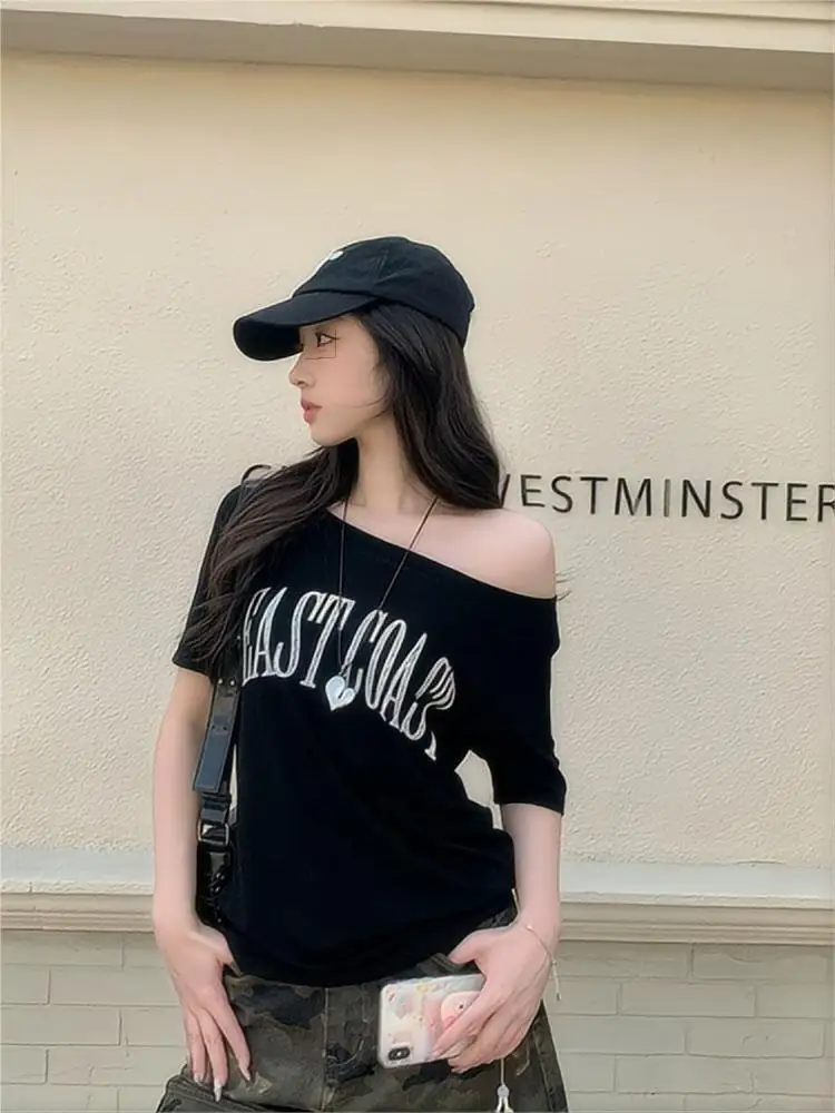 NUOMICI Korean K-pop Retro Oblique Collar Women Short-sleeved T-shirt Summer Niche Trend Loose Slim Versatile Off-shoulder Top - Image 4