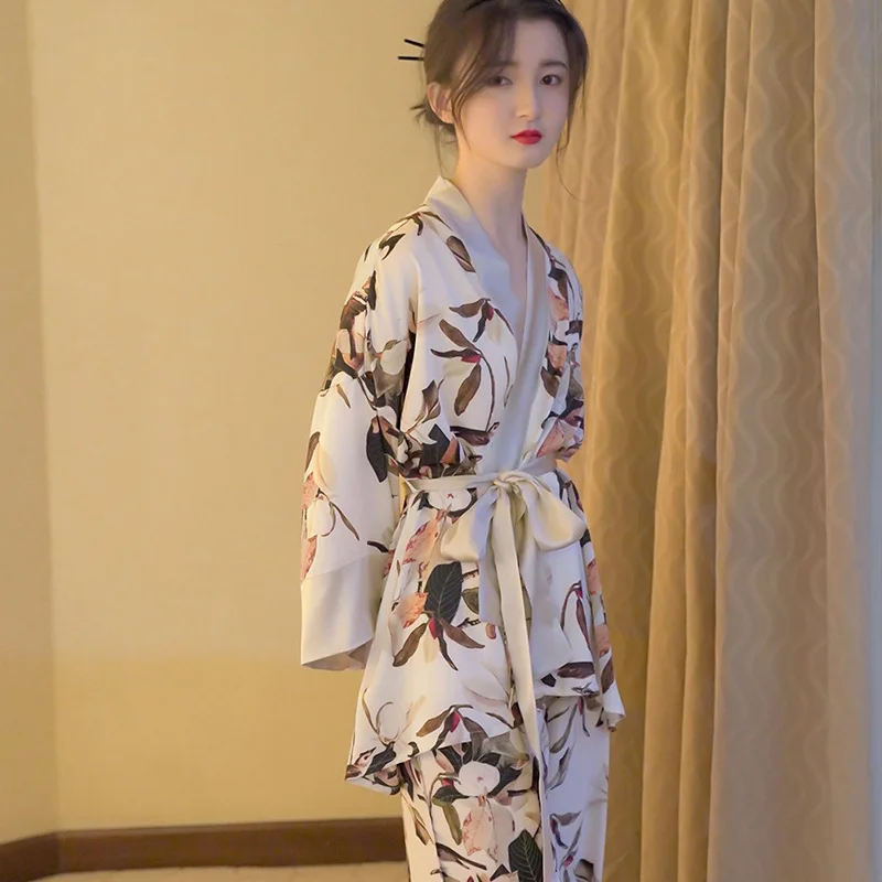 Japanese Summer New Luxury Home Long Trousers Pajamas Suit Floral Printing Ice Silk Pjs V Neck Kimono Style Homewear Loungewear