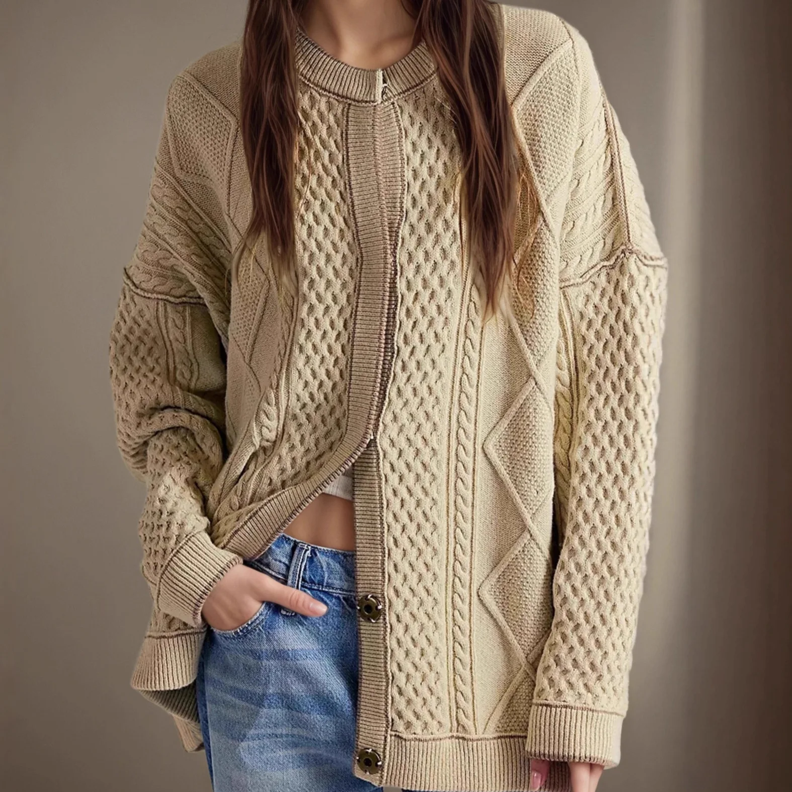 

Women's Textured Knit Cardigan 2025 Fall Winter New Round Neck Long Sleeve Oversized Mid-Length Casual Loose Fit Sweater Coat