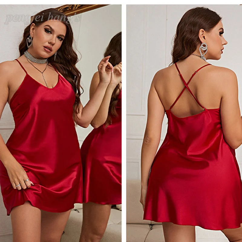 Sexy Print Strawberry Nightgown Women Plus Size 3Xl 4Xl 5Xl Sleepwear Satin Mini Leisure Homedress Summer New Lingerie