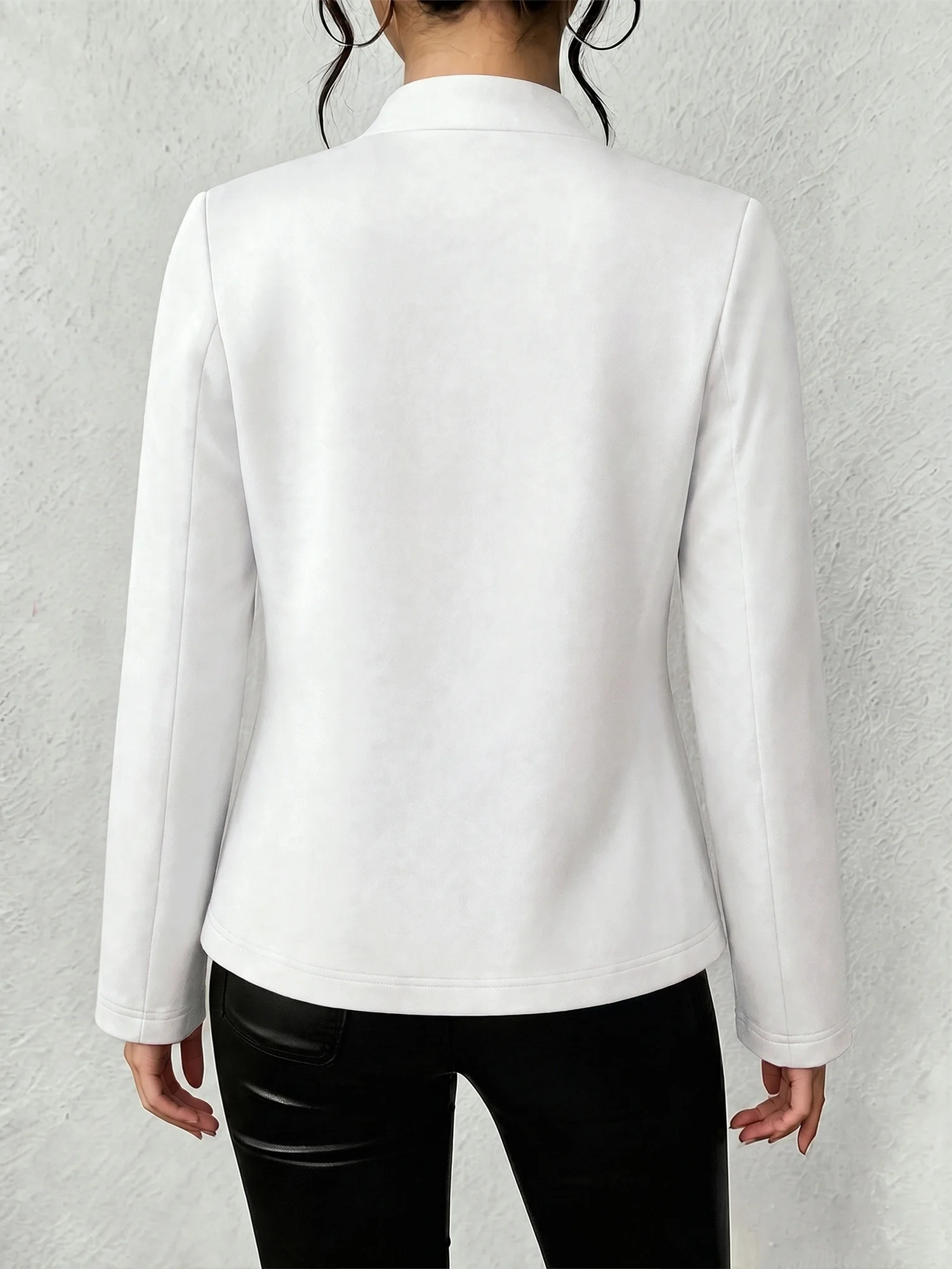 Women Solid Color Mandarin Collar Open Blazer Long Sleeve Slim Jacket Elegant Work Office Outer Coat