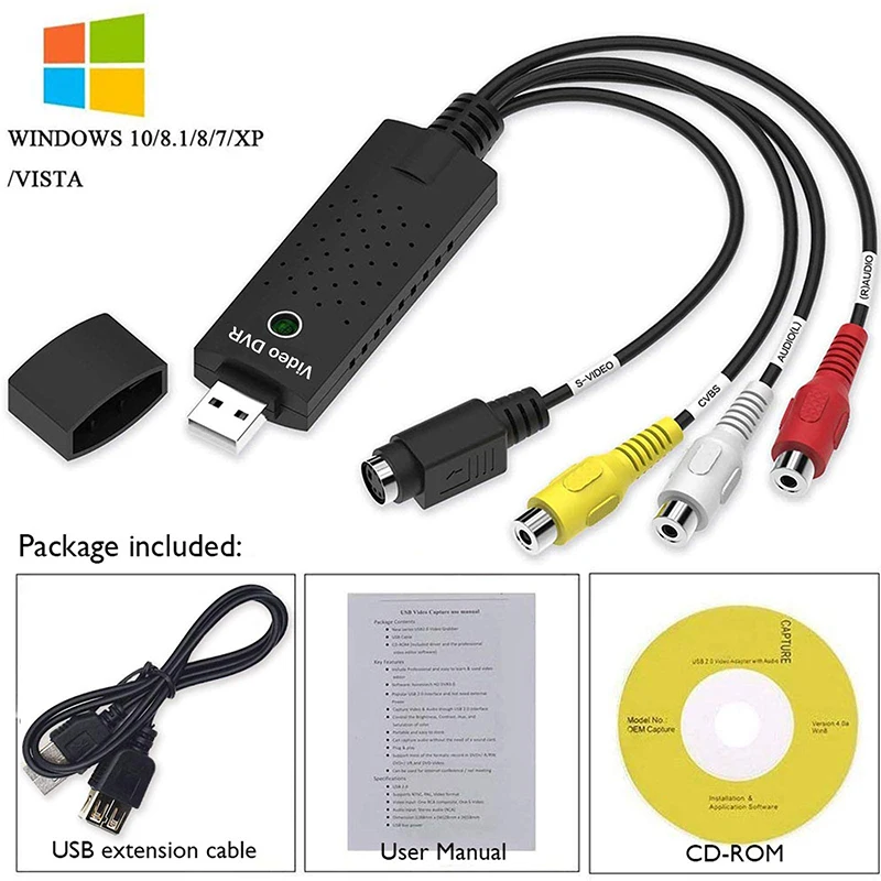 Video Capture Card USB 2.0 Audio Device Old VHS Mini DV Hi8 DVD VCR to Digital Converter for Mac PC Support Windows Android