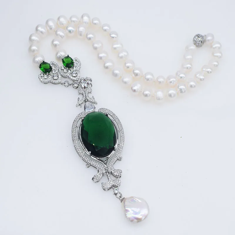 freshwater pearl  white biwa drop baroque reborn keshi green jade pendant sweater necklace - view 2