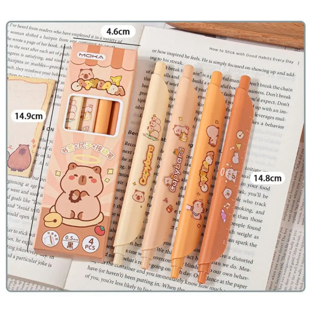 4PCS/Box Cartoon 0.5mm Black Ink Gel Pen Ruler Bookmark Quick Drying Neutral Pen Press Using Ballpoint Pen Students
