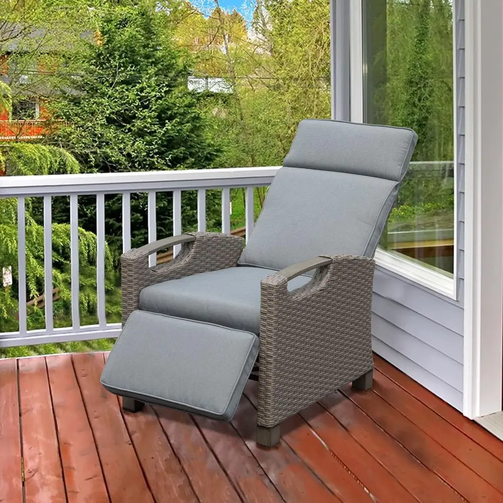 

Extended Footrest Outdoor Recliner, 150° Adjustable Wicker Lounge Chair with Side Table, Thick Cushions, Grey