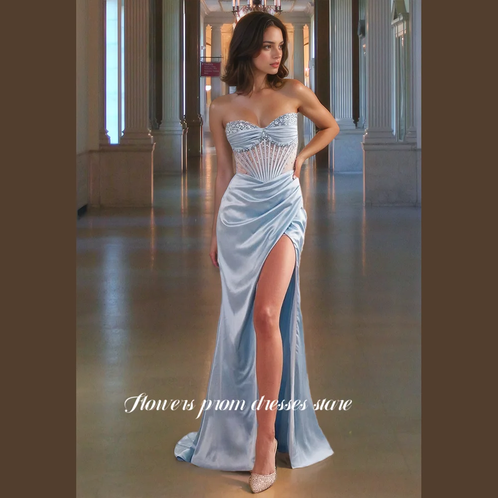 

Flowers Prom Illusion Party Dresses High Slit Evening Dress Beaded Pleated Satin Formal Party Dress Customized