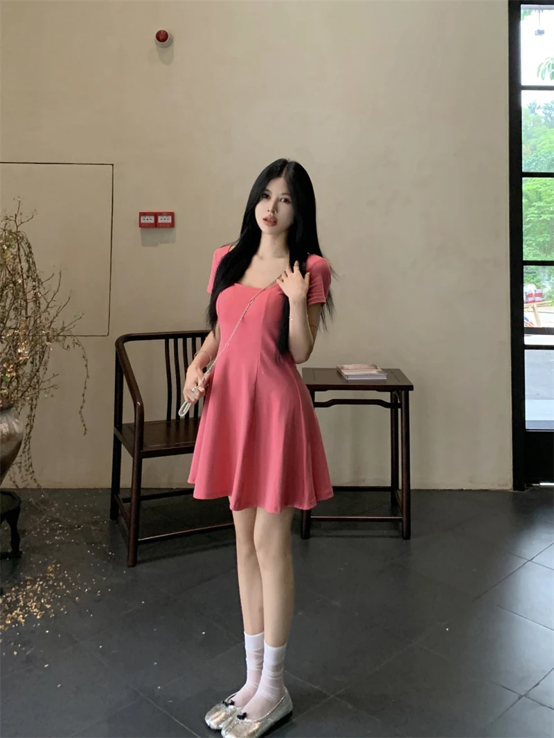 2024 New Sexy Big U Neck Breast Short Sleeve A-line Dress Female Summer New Slimming Waist Short Skirt